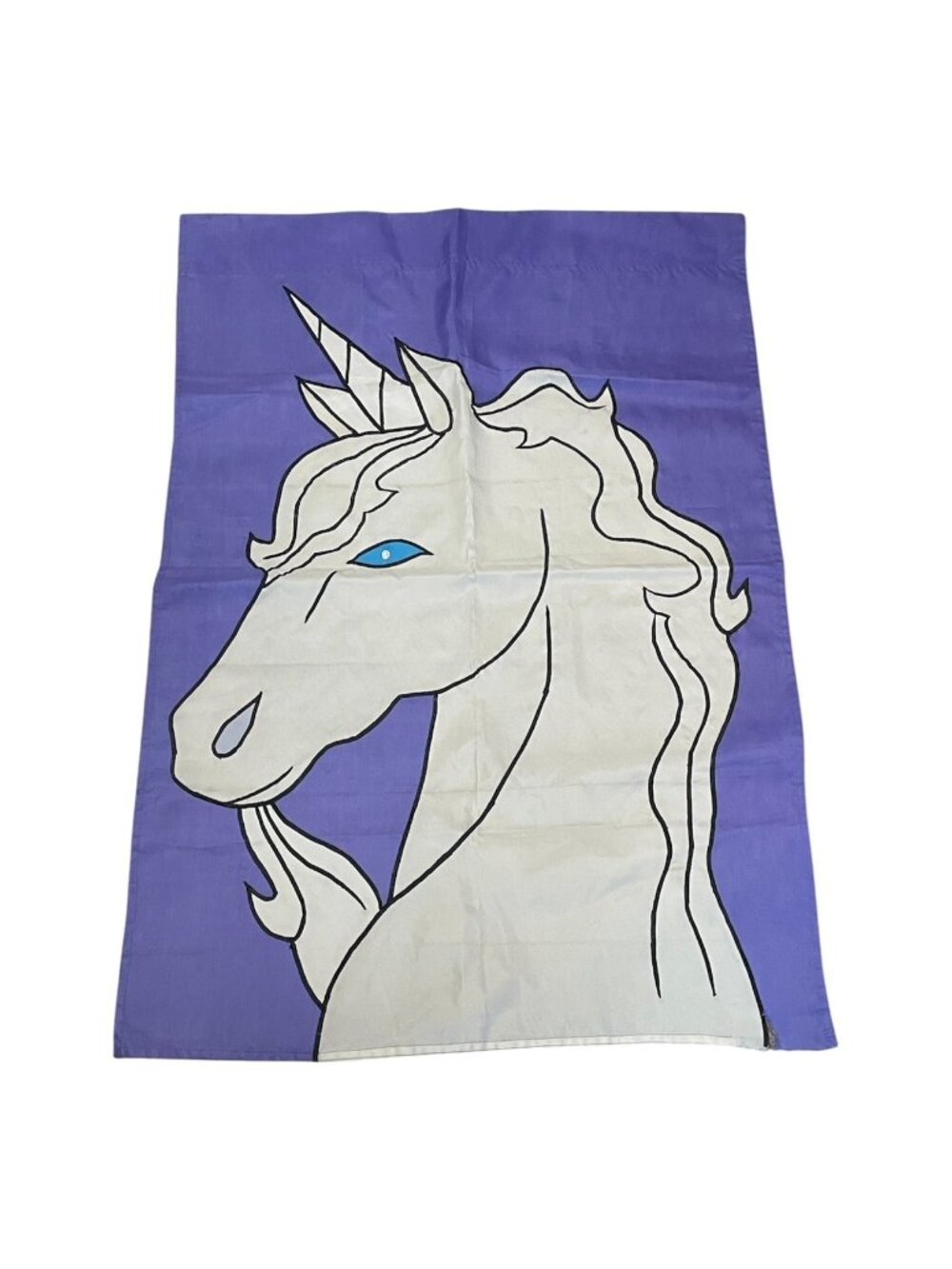 Vintage 80s Majestic Unicorn with Blue Eyes Applique Garden Flag Purple 39 x 27